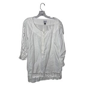 Chicos White Linen Lace Trim Tunic Top Womens Size 3 XL 3/4 Sleeve Boho Button
